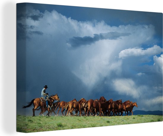 Cowboy mène troupeau de chevaux toile 2cm 60x40 cm - Tirage photo sur toile (Décoration murale salon / chambre) / Animaux de la ferme Peintures sur toile