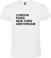 Wit T-shirt 'LONDON, PARIS, NEW YORK, AMSTERDAM' Zwart Maat XL
