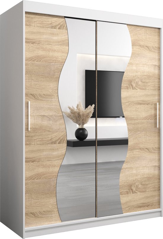 InspireMe - Kledingkast met 2 schuifdeuren, Modern-stijl, Kledingkast met planken (BxHxD): 150x200x62 - MARDUK 150 Wit Mat + Sonoma Eik met 2 lades
