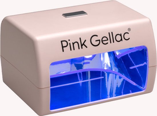 Roze Pink Gellac nagellamp met UV-licht aan, geïsoleerd op een witte achtergrond.