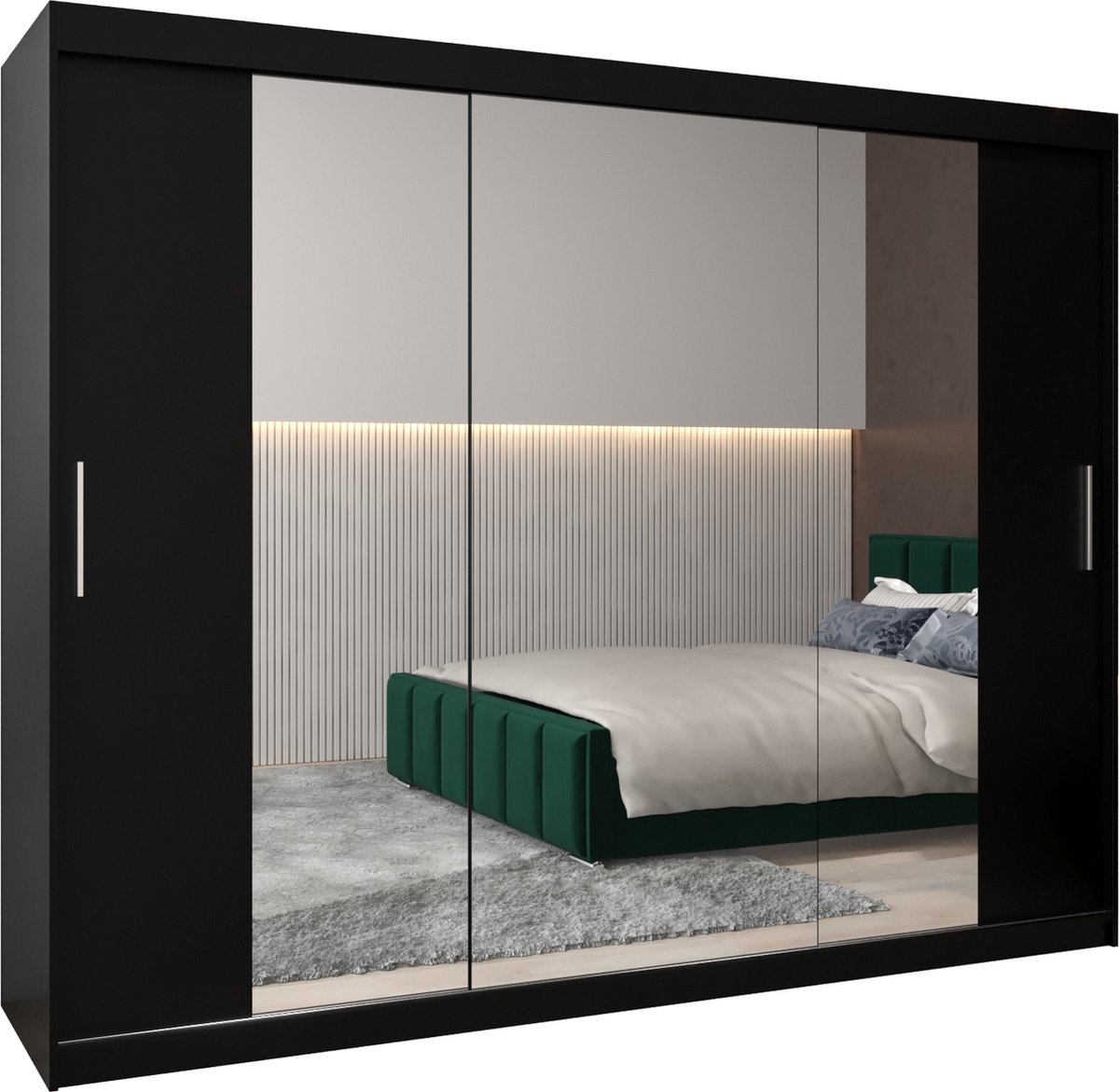 InspireME Kledingkast met 3 schuifdeuren, Modern-stijl, Kledingkast met planken (BxHxD): 250x200x62 - TORM II 250 Zwart Mat mat 4 lades