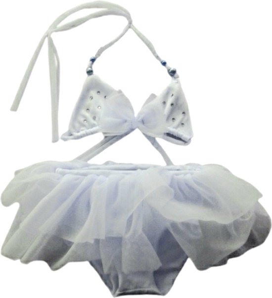 Maat 152 Luxe Bikini zwemkleding Wit met steentjes en strik badkleding tule rok voor baby en kind zwem kleding