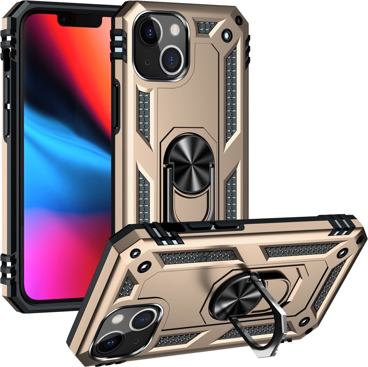 Mobigear Hoesje geschikt voor Apple iPhone 14 Plus Telefoonhoesje Hardcase | Mobigear Armor Ring Backcover Shockproof met Ringhouder | Schokbestendig iPhone 14 Plus Telefoonhoesje | Anti Shock Proof - Goud