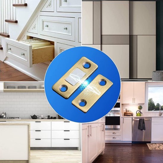 Collage van diverse keukens en kasten met gouden magnetische sluitingen.