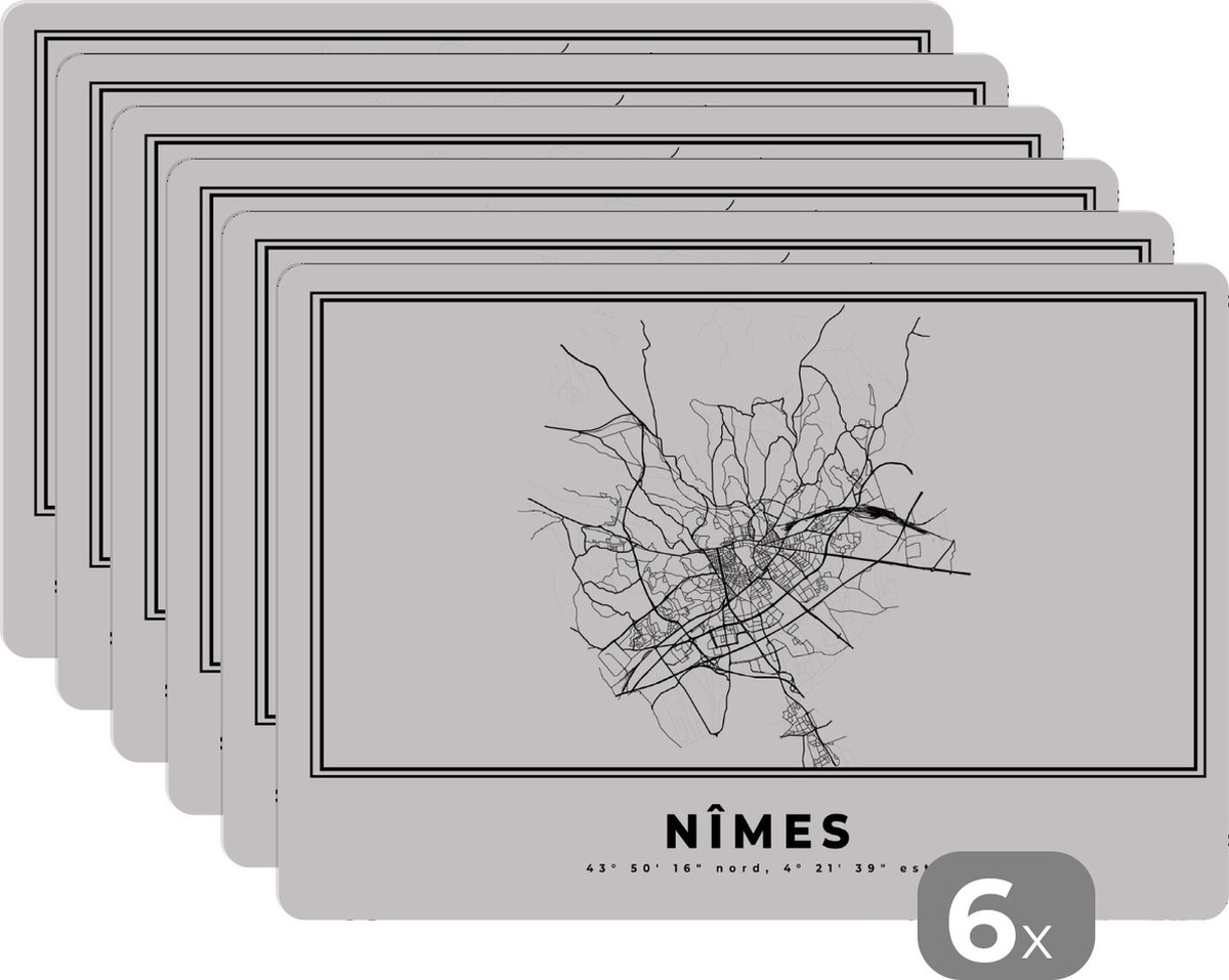 Placemat - Placemats kunststof - Kaart - Zwart Wit – Stadskaart – Plattegrond – Nîmes – Frankrijk - 45x30 cm - 6 stuks - Hittebestendig - Anti-Slip - Onderlegger - Afneembaar