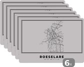 Placemat - Placemats kunststof - Kaart – Plattegrond – Stadskaart – Roeselare – België – Zwart Wit - 45x30 cm - 6 stuks - Hittebestendig - Anti-Slip - Onderlegger - Afneembaar