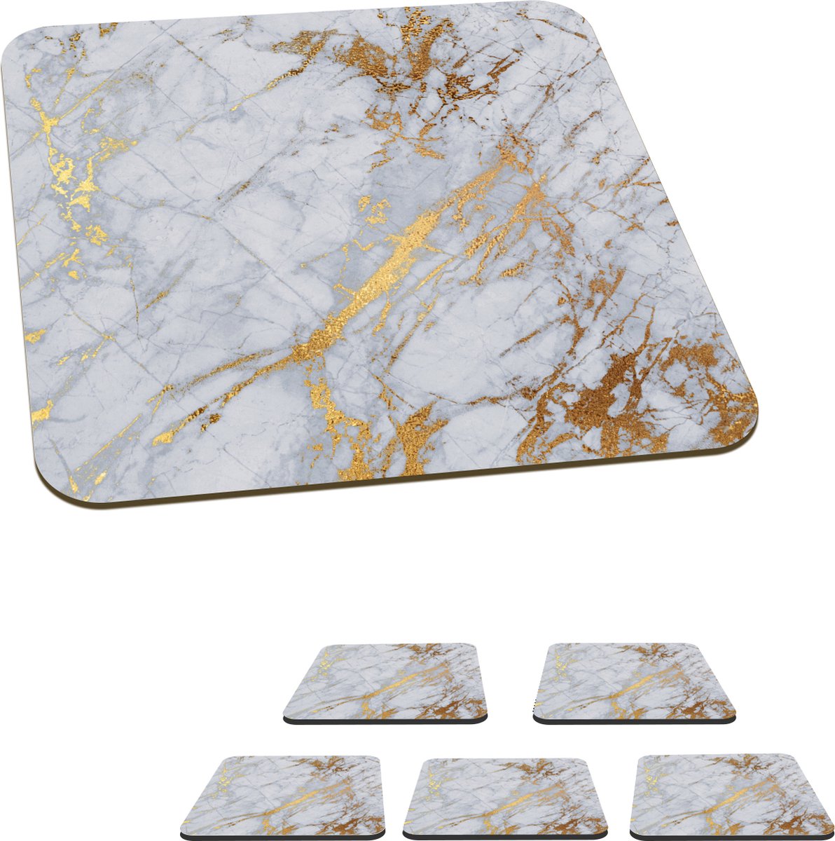Onderzetters voor glazen - Marmer - Goud - Grijs - 10x10 cm - Glasonderzetters - 6 stuks