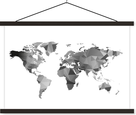 Wereldkaart zwart - grijs - wit - schoolplaat platte latten zwart 60x40 cm - Foto print op textielposter (wanddecoratie woonkamer/slaapkamer)