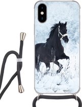 Hoesje met koord Geschikt voor iPhone X - Paard - Sneeuw - Winter - Siliconen - Crossbody - Backcover met Koord - Telefoonhoesje met koord - Hoesje met touw