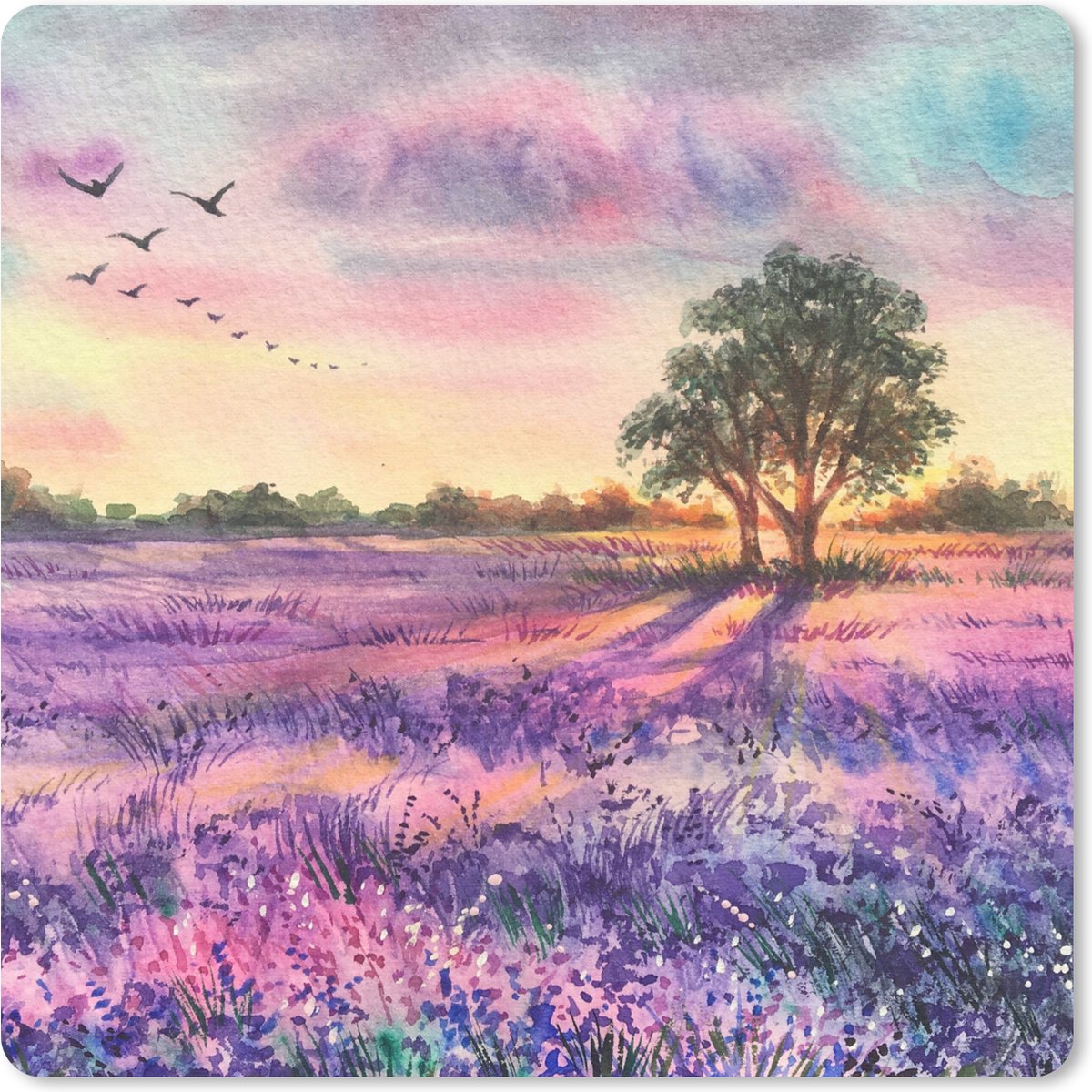 Muismat 20x20 cm - Mousepad Lavendel - Verf - Vogels - Bomen - Paars - Muismatten