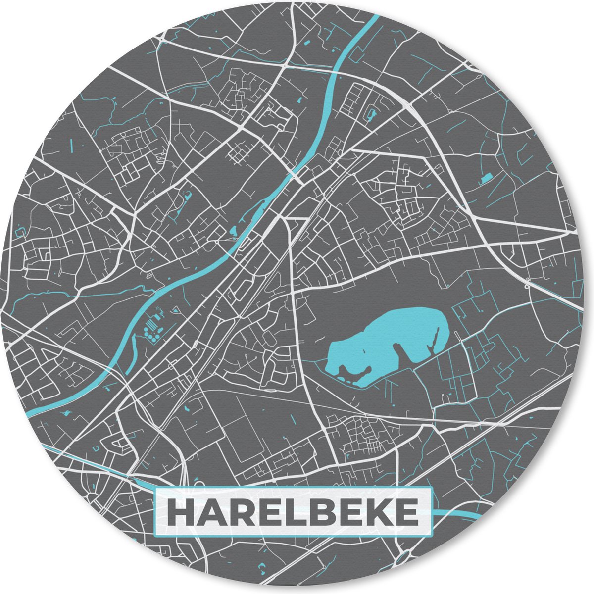 Muismat - Mousepad - Rond - Plattegrond – Harelbeke – Blauw – Stadskaart - Kaart - 40x40 cm - Ronde muismat