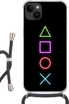 Geschikt voorApple Iphone 14 Plus - Crossbody Case - Gaming - Neon - Console - Zwart - Controller - Gamen - Siliconen - Crossbody - Backcover met Koord - Telefoonhoesje met koord - Hoesje met touw