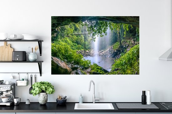 Sticker Muursticker Jungle - Photo de forêt tropicale avec cascade - 120x80 cm - feuille autocollante - sticker mural repositionnable