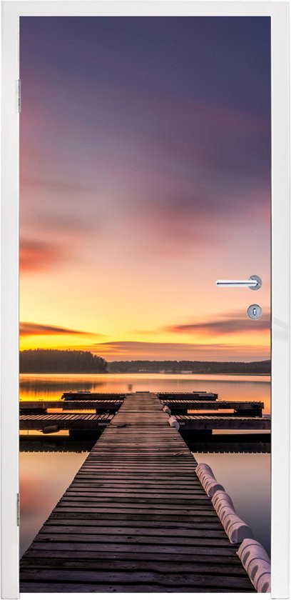 Foto: Deursticker steiger zonsondergang water zee reflectie 95x235 cm deurposter