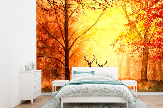 Foto: Behang fotobehang natuur olieverf hert dieren herfst oranje breedte 385 cm x hoogte 280 cm