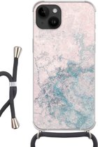 Geschikt voorApple Iphone 14 - Crossbody Case - Cement - Beton print - Retro - Industrieel - Wit - Blauw - Siliconen - Crossbody - Backcover met Koord - Telefoonhoesje met koord - Hoesje met touw