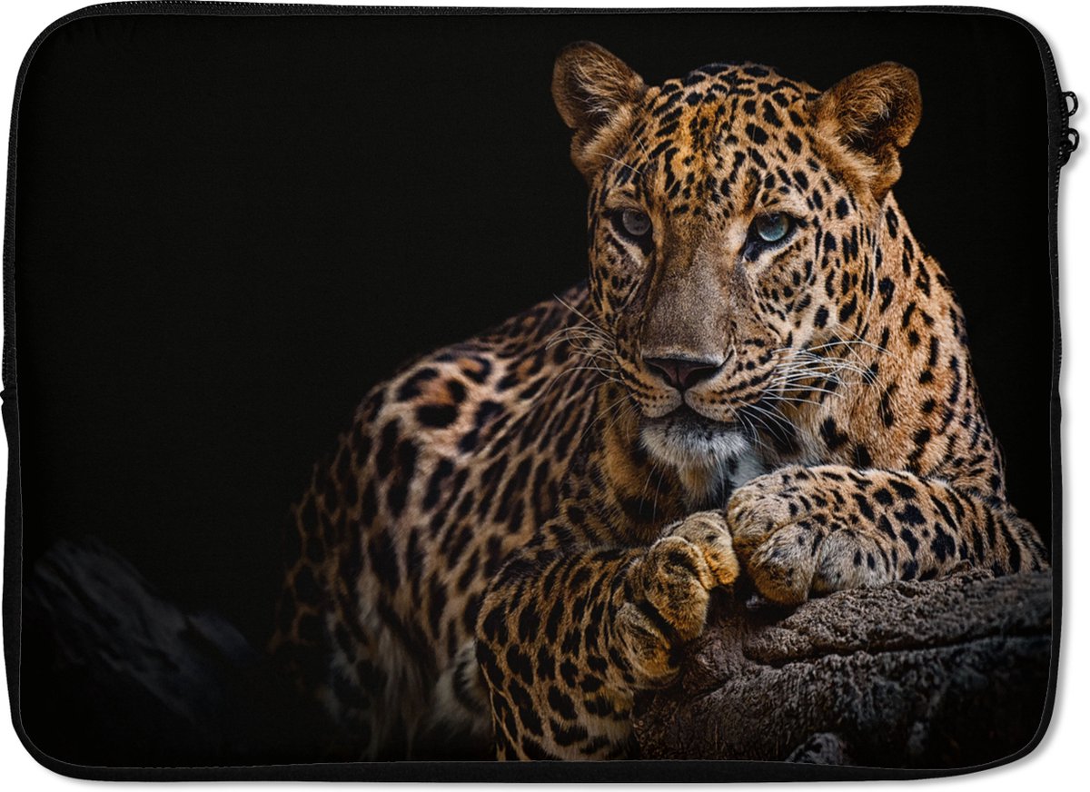 Laptophoes 14 inch - Wilde dieren - Panter - Portret - Zwart - Dieren - Laptop sleeve - Binnenmaat 33x23 cm - Zwarte achterkant