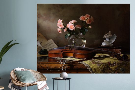 Stickers muraux - Film autocollant - Violon - Roses - Rose - Fleurs - Nature morte - 160x120 cm - Film adhésif - Stickers muraux Chambre d'enfant - Papier peint autocollant XXL