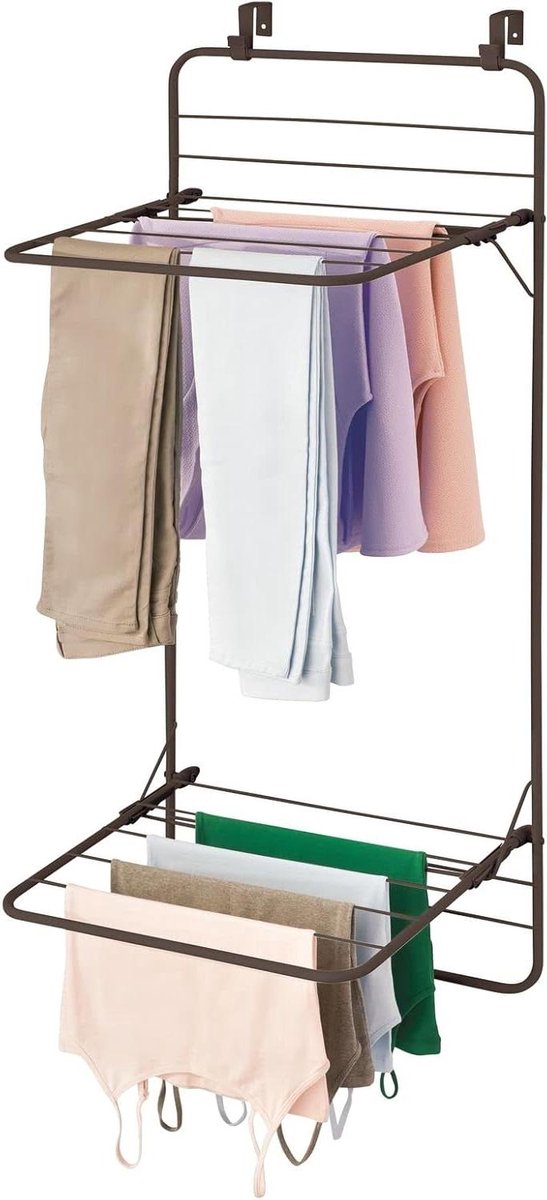 Ruimtebesparend metalen droogrek om aan de deur te hangen - 2 niveaus - praktische wasdroger voor badkamer of wasruimte - brons - wasrek met deurbevestiging