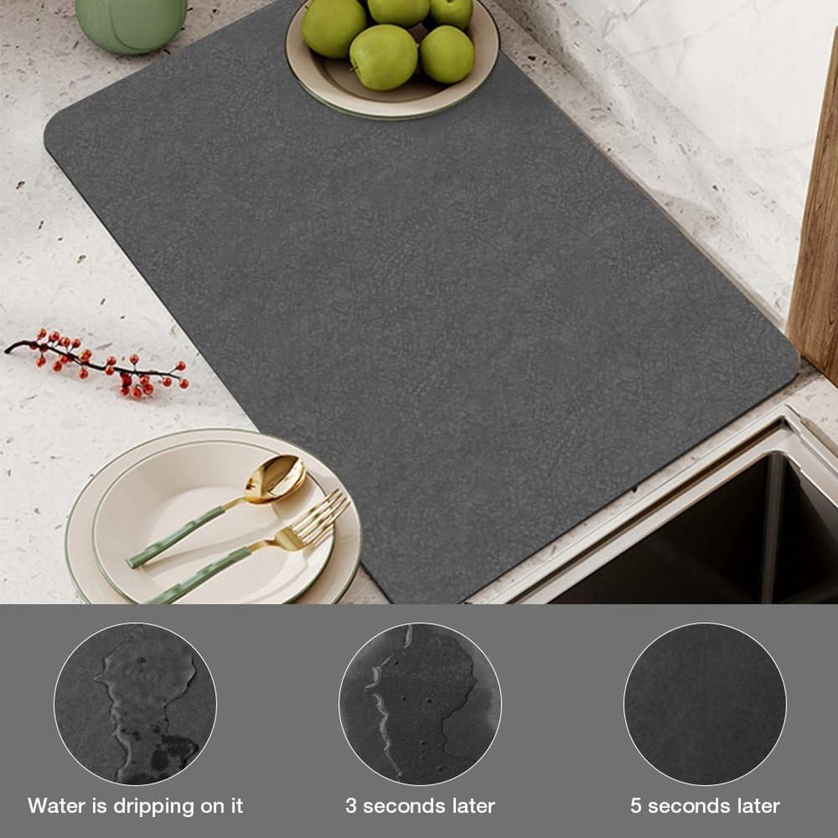 SOSMAR Afdruipmat voor servies, koffiezetapparaat, mat onderlegger (40 x 30 cm, zwart), absorberende droogmat met PU-leer, voor keuken, gootsteen en badkamer, antislip en sneldrogend