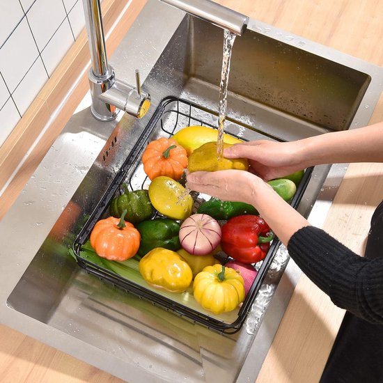 Groot égouttoir à vaisselle pour évier de cuisine - égouttoir d'évier avec porte-couverts et support extensible antirouille noir