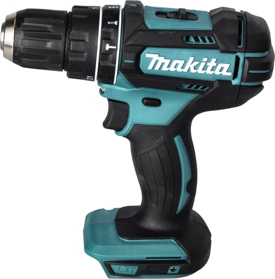 Turquoise en zwarte Makita accuboormachine met LXT aanduiding op de accu.