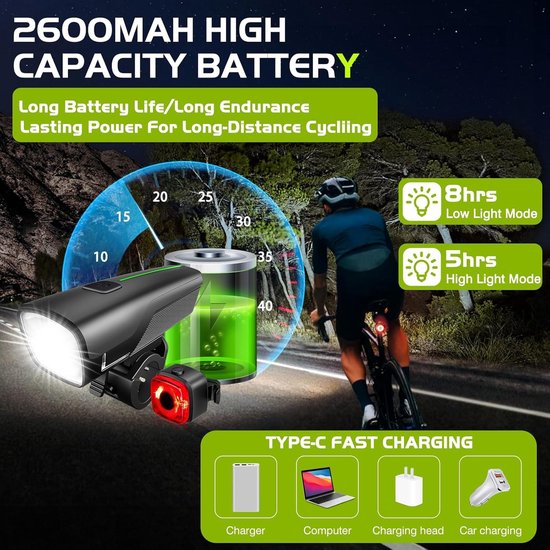 Led-fietslampenset StVZO waterdicht USB-oplaadbaar - voorlichten achterlicht fietsbel — afbeelding 5