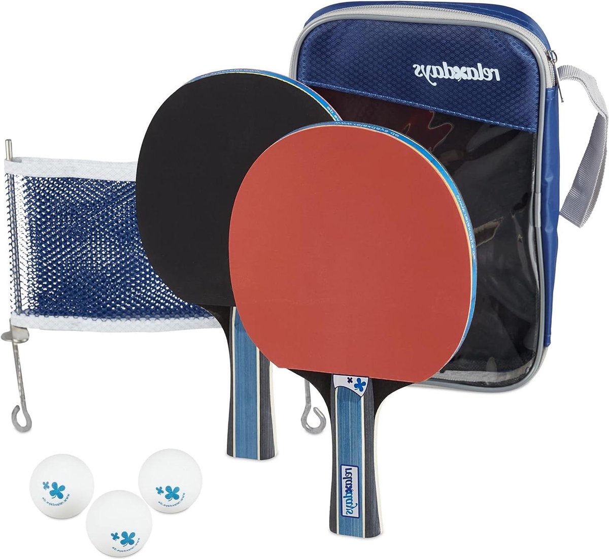 Tasje met net - 2 houten tafeltennisbatjes - 3 pingpong ballen voor beginners zwart-rood.