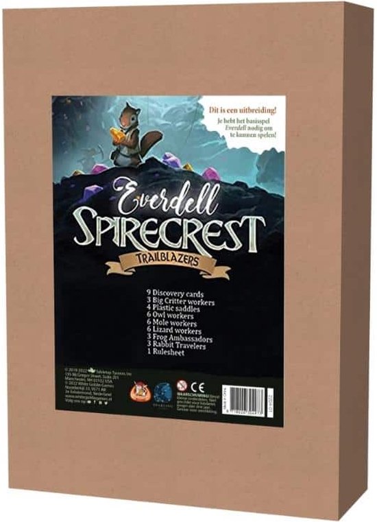 De uitbreiding EVerdell Spirecrest Trailblazers toont een eekhoorn met een geel kristal op een rotsachtige ondergrond met paarse kristallen.