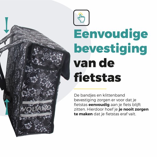 Voltano Dubbele Fietstas Floral Elegance - Zwart Met Witte Bloemen - 38 Liter - 100% Waterdicht Polyester - Vrolijke Fietstassen van Voltano — afbeelding 5