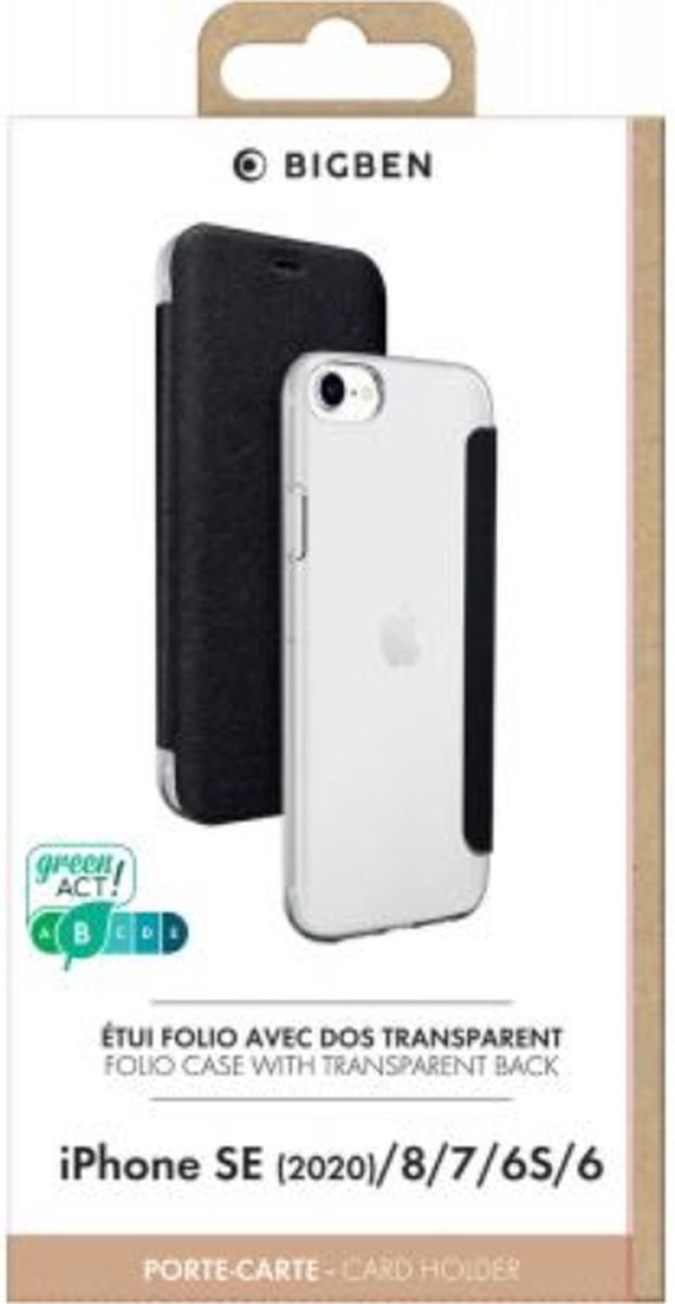 Bigben Connected, Hoesje geschikt voor iPhone 6 / 6s / 7 / 8 / SE 2020/2022 - Folio met Standaard, Transparant zwart