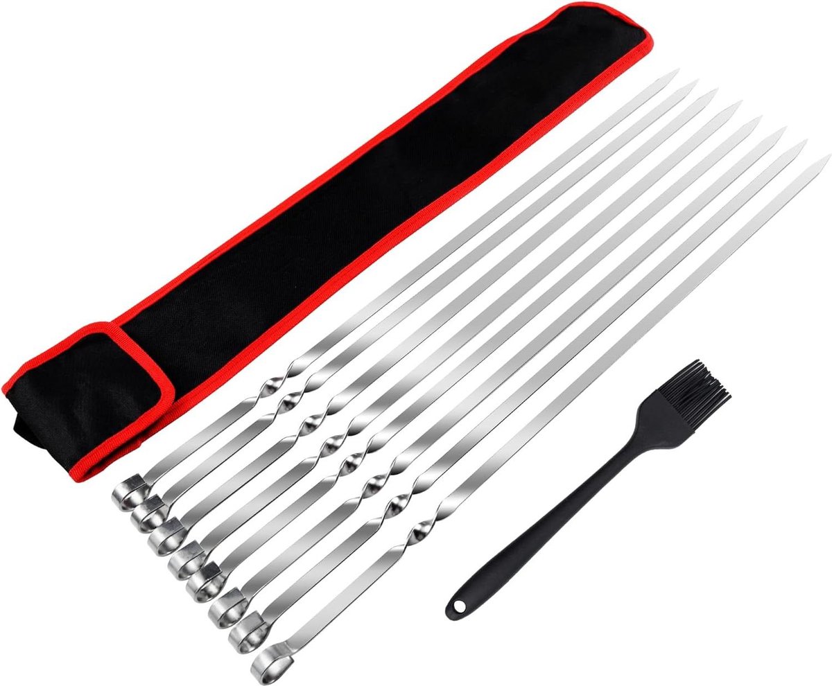Brochettes Plates Poignée Antidérapante 8 Brochettes Barbecue Inox 60cm - Acier Inoxydable Qualité Alimentaire - Poignée Confortable Brochettes Acier Inoxydable