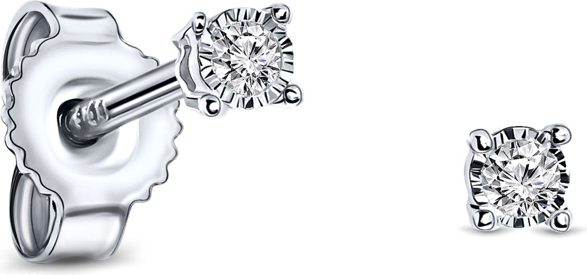Miore Pure Oorbellen - 9 Karaat - Zilverkleurig - Met Diamanten - Handgemaakte Sieraden - Knopjes - Elegante Dames Sieraden - 2 mm