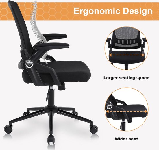 Bureaustoel, Office Chair met opklapbare armleuningen, ergonomic chair computerstoel met gewatteerde arm en zitting, ergonomische bureaustoel voor thuis en op kantoor