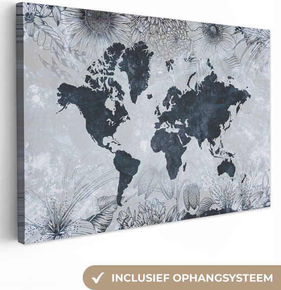 Carte du monde bleu foncé avec motif de peinture décorée d'illustrations de fleurs 60x40 cm