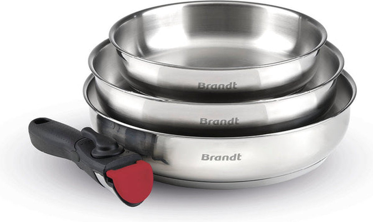 Set van 3 braadpannen in roestvrij staal met afneembaar handvat - Zilver / Zwart