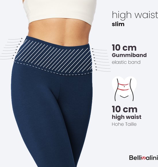 Close-up van donkerblauwe, high waist slim Bellivalini legging met elastische band.