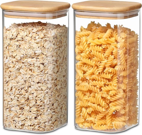 Foto: Transparante glazen opslagcontainers grote capaciteit voorraadpotten met luchtdichte bamboe deksels pasta noedels granen bonen koekjes noot 2 pak 1600ml rice dispencer