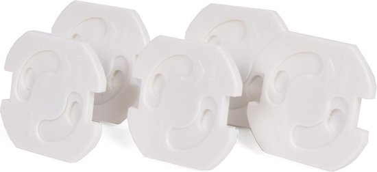 Set van 5 witte stopcontactbeveiligers met ronde inkepingen.