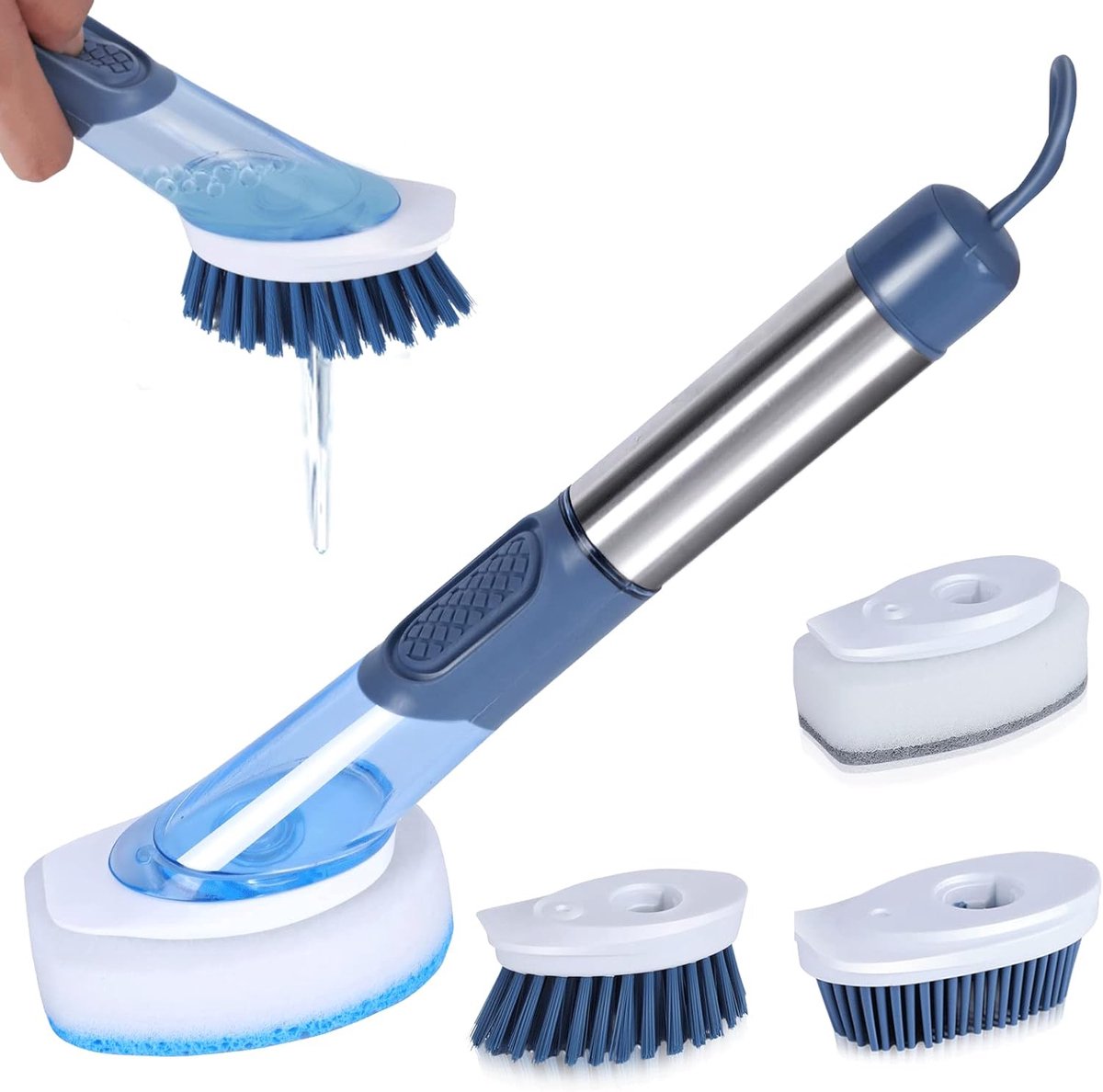 Goedkoopste Afwasborstelset, 4-in-1 afwasborstel met wasmiddeldispenser, afwasborstel met 4 reserveborstelkoppen, multifunctionele schoonmaakborstelset, keukenborstel met handvat voor pot, pan