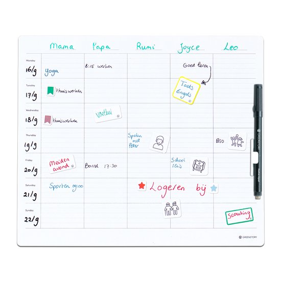 Foto: Greenstory familieplanner gezinsplanner groot sticky whiteboard met sticky pen