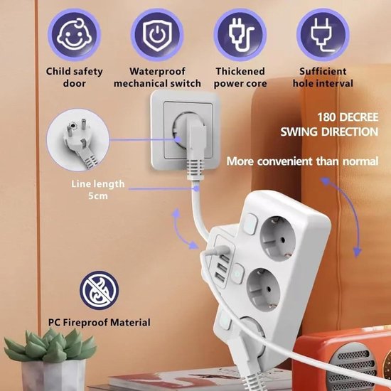 NTONPOWER Breed Steek Stekkerdoos met 8 AC-Stopcontacten en 3 USB