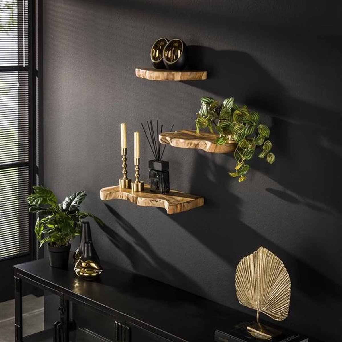 PS-Collection Natural Line Set/3 Wandschap - 55x25x4cm - Gerecycled Teakhout - wandplank - wandrek industrieel - wandrek metaal zwart - wandrek rond - wandrekken - wandplank zwevend - wandplank hout - wandkubus - boekenplank