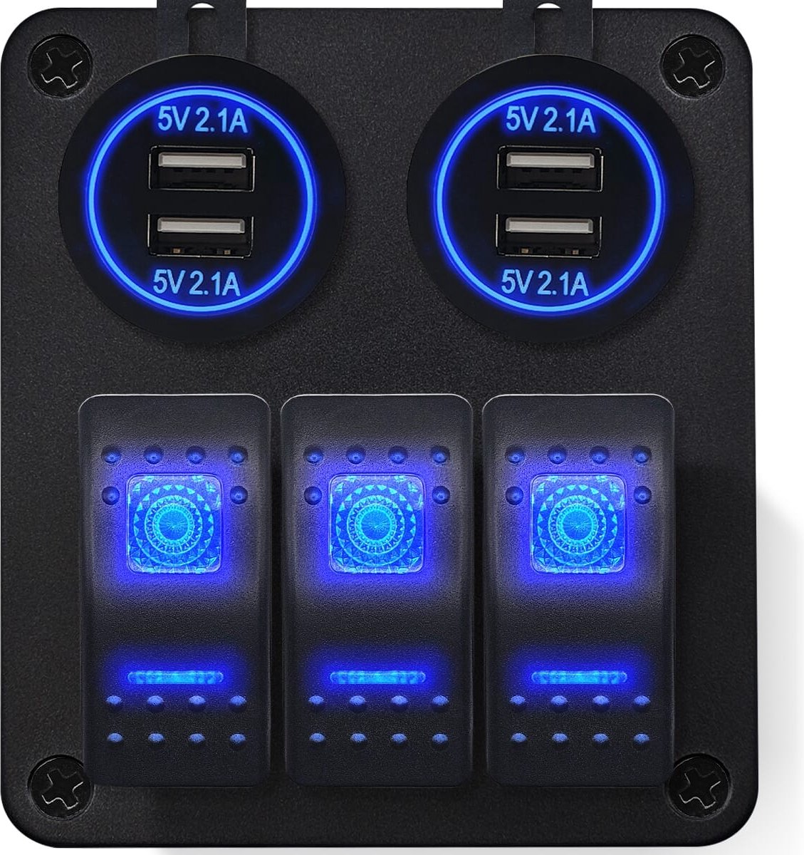 ProRide Schakelpaneel 12V voor Auto/Boot - USB Stopcontact 4 Poorten - 5V/2.1A - 3 schakelaars - Blauw
