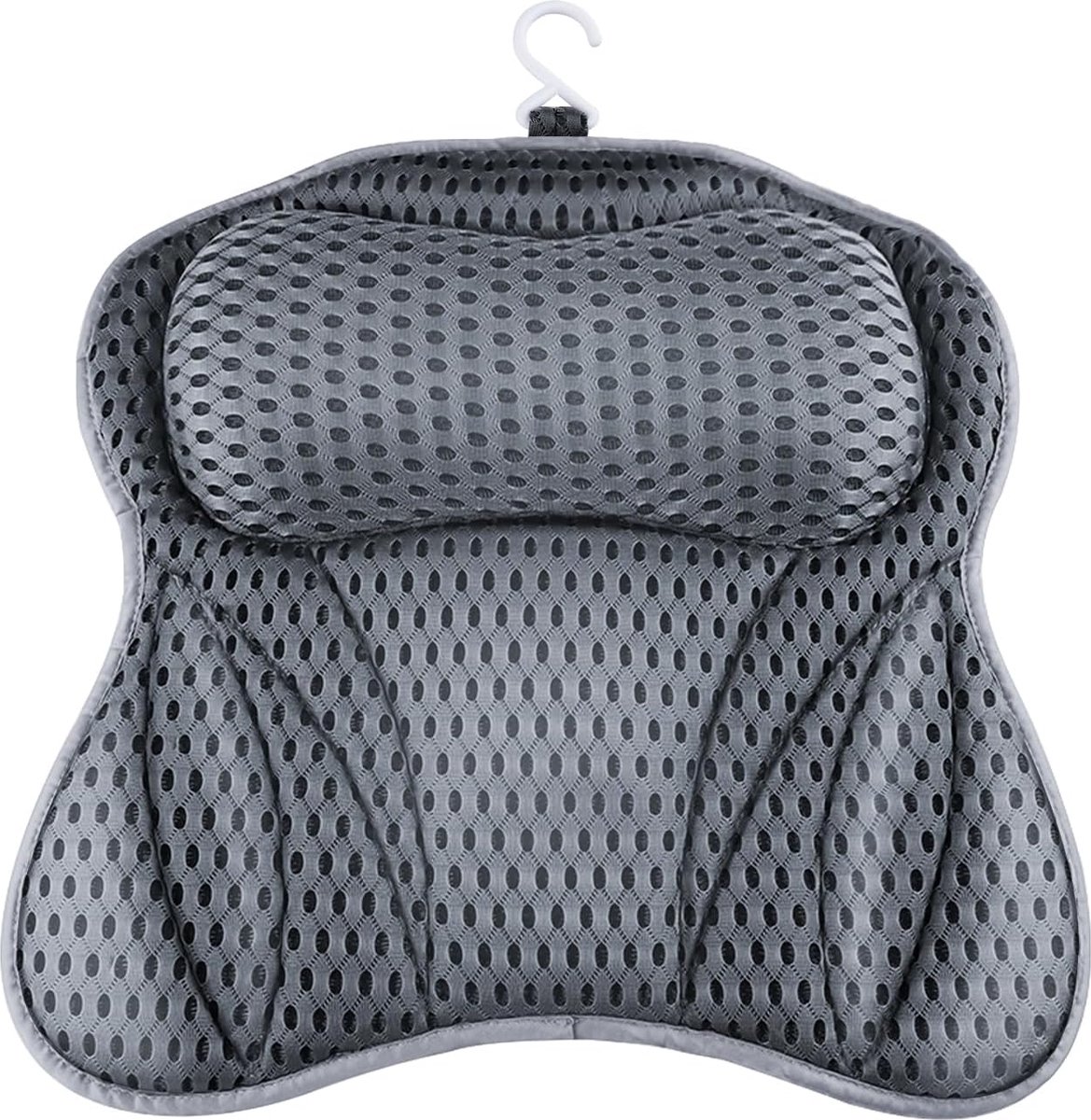 DoDuo Badkussen voor in bad Grijs Nekkussen met 6 zuignappen Bad hoofdsteun 45 x 42 cm Antislip Ondersteunt hoofd nek schouders Badkuip 4D mesh kussen met ophanghaak Wasmachine bestendig Snel drogend