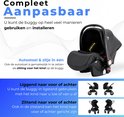 Grijze kinderwagen met autostoel en zitje, verstelbaar voor- of achterwaarts, in lig- en zitmodus.