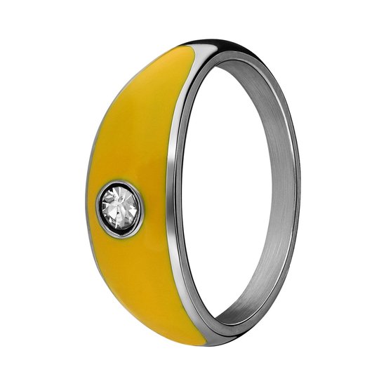 Lucardi Dames Stalen ring met gele emaille en zirkonia - Ring - Staal - Zilver - 18 / 57 mm