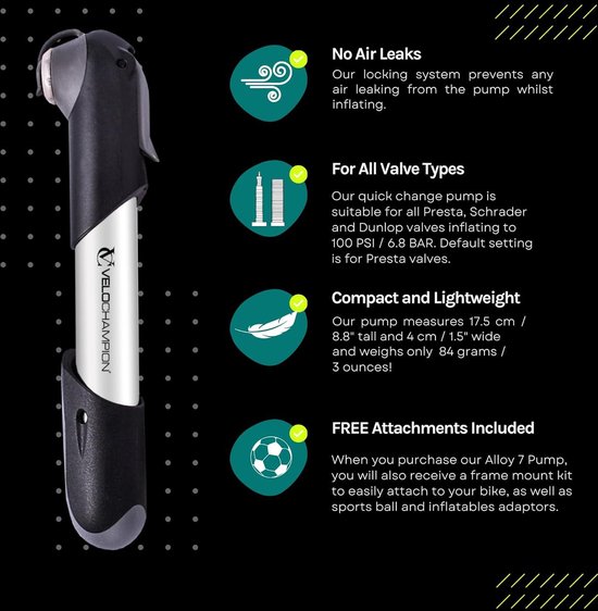 lichtmetalen mini fietspomp - Presta Schrader Dunlop - draagbaar compact duurzaam - VeloChampion — afbeelding 5