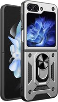 MobyDefend Hoesje - Geschikt voor Samsung Galaxy Z Flip 6 - Pantsercase Met Draaibare Ring - Zilvergrijs