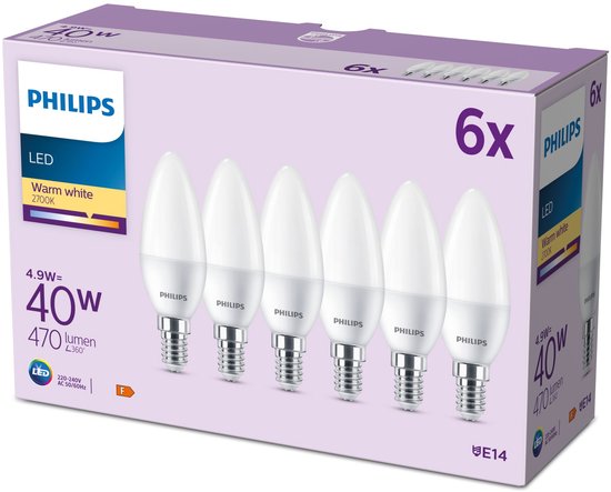 Boîte de 6 ampoules LED Philips, lumière blanc chaud, 4,9W équivaut à 40W, culot E14.